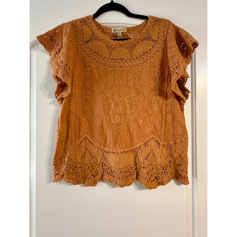 Democracy Top Small Orange Boho Embroidered Lace Cottagecore Eyelet Rust